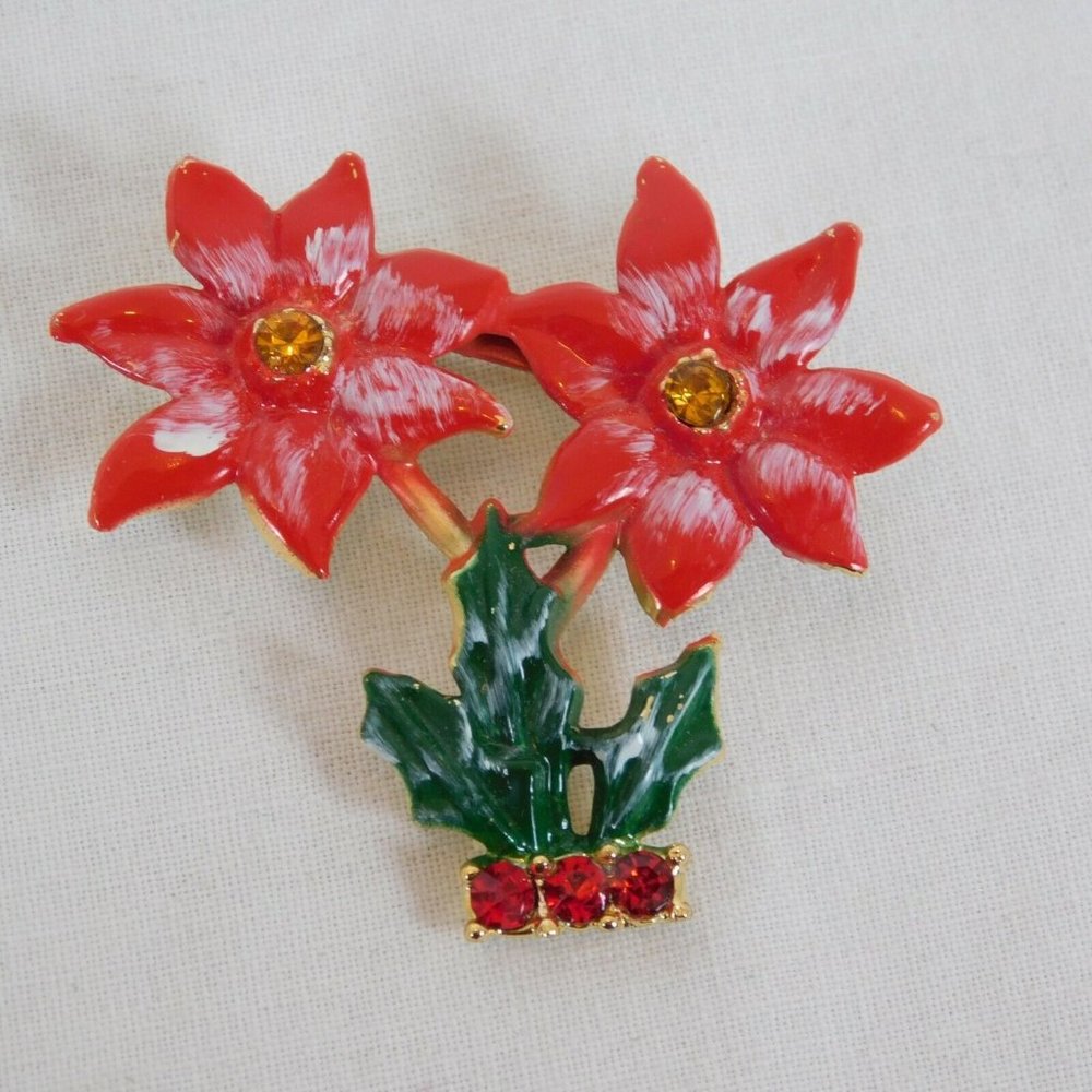 Beatrix BJ Potted Poinsettia Flower Brooch Pin Gold Tone Rhinestones Signed Vtg